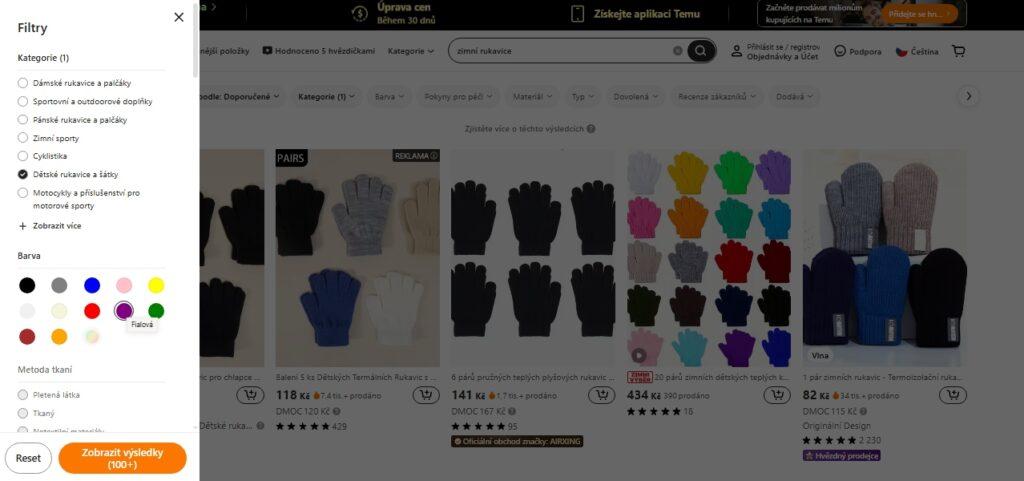 Zboží na Temu lze různě filtrovat, vyhledávat podle kategorií a štítků, řadit podle oblíbenosti, anebo jednoduše hledat zadáním názvu produktu do vyhledávacího pole.