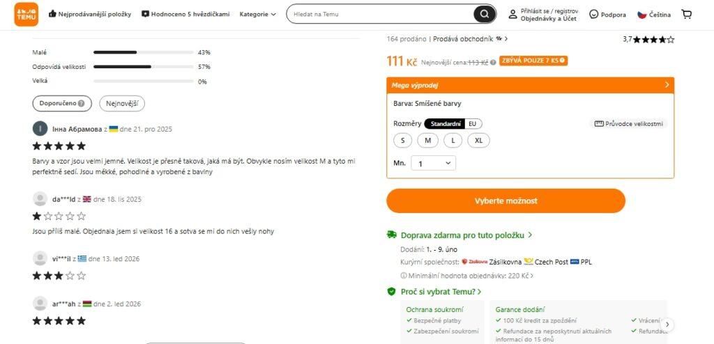 Negativní recenze Temu zboží na e-shopu musí zákazník hledat déle. Zda se jedná o strategii webu, anebo ohlas skutečné spokojenosti zákazníků, nelze říci.